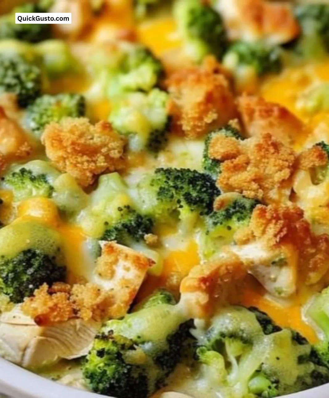 Delicious Broccoli Chicken Divan served with melted cheese and broccoli florets.