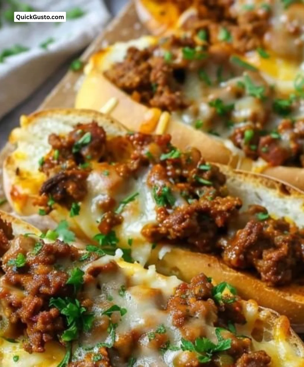 Cheesy Sloppy Joe Garlic Bread topped with melted cheese and savory meat mixture