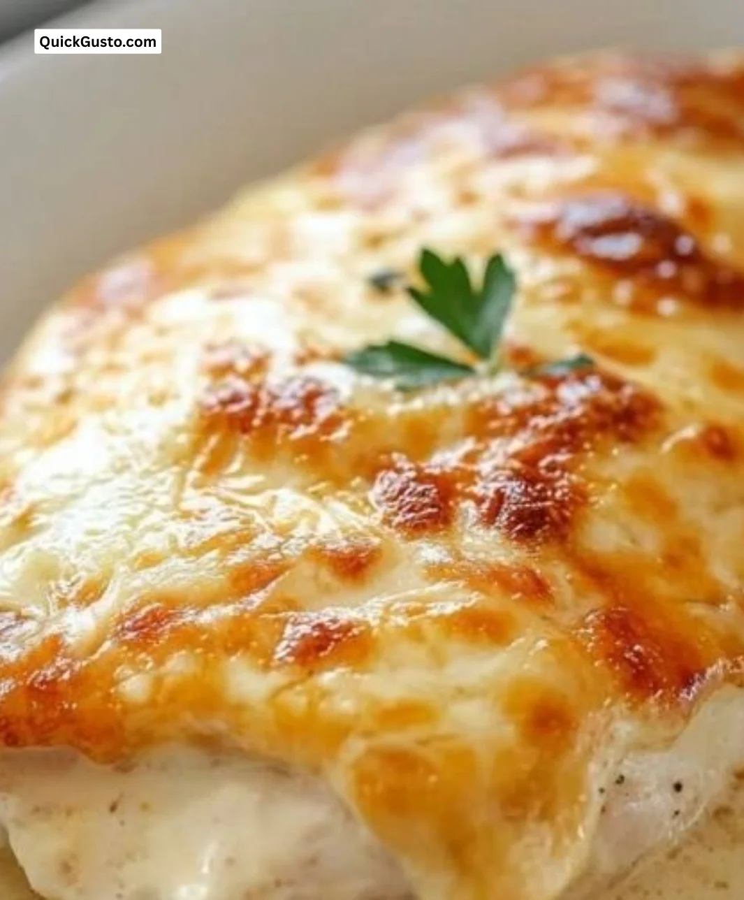 Plate of Cheesy Sour Cream Chicken with herbs and cheese on top