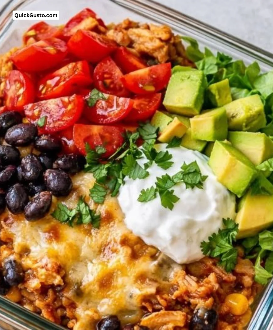 Delicious Chicken Enchilada Bowl garnished with fresh ingredients