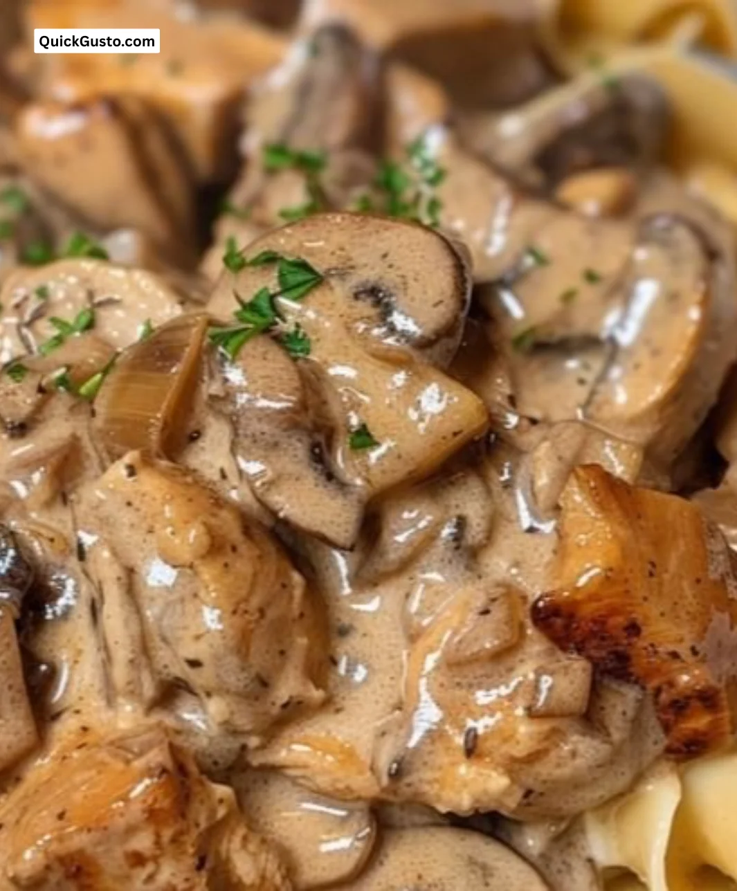 Delicious Chicken Stroganoff served with noodles and garnished with parsley.