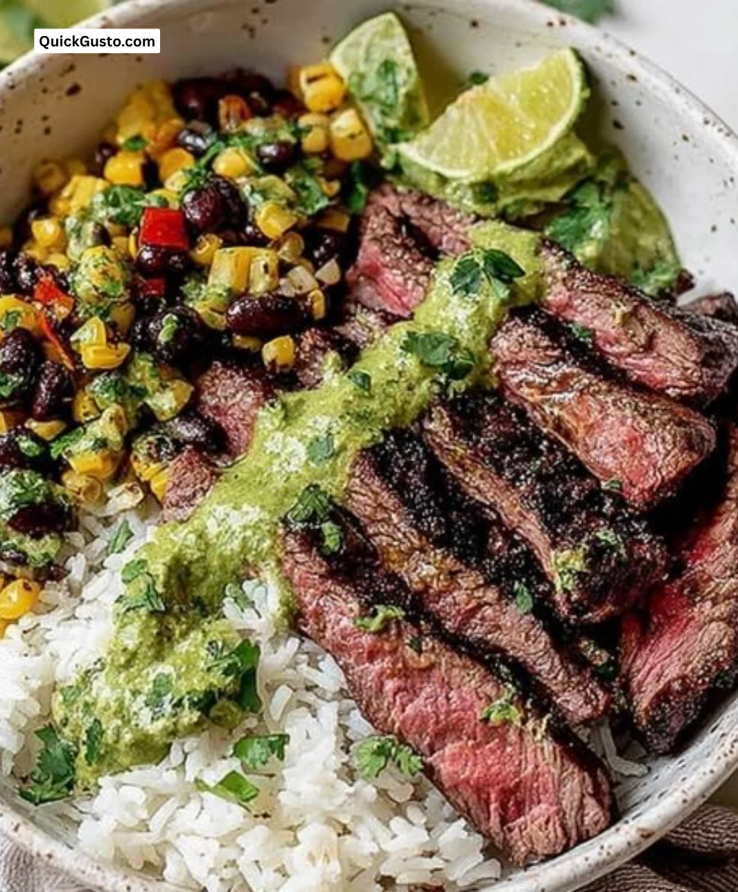 Cilantro lime steak bowls served with fresh vegetables and rice