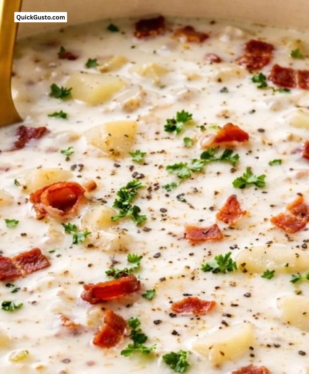 Bowl of creamy clam chowder garnished with fresh herbs and served with crackers