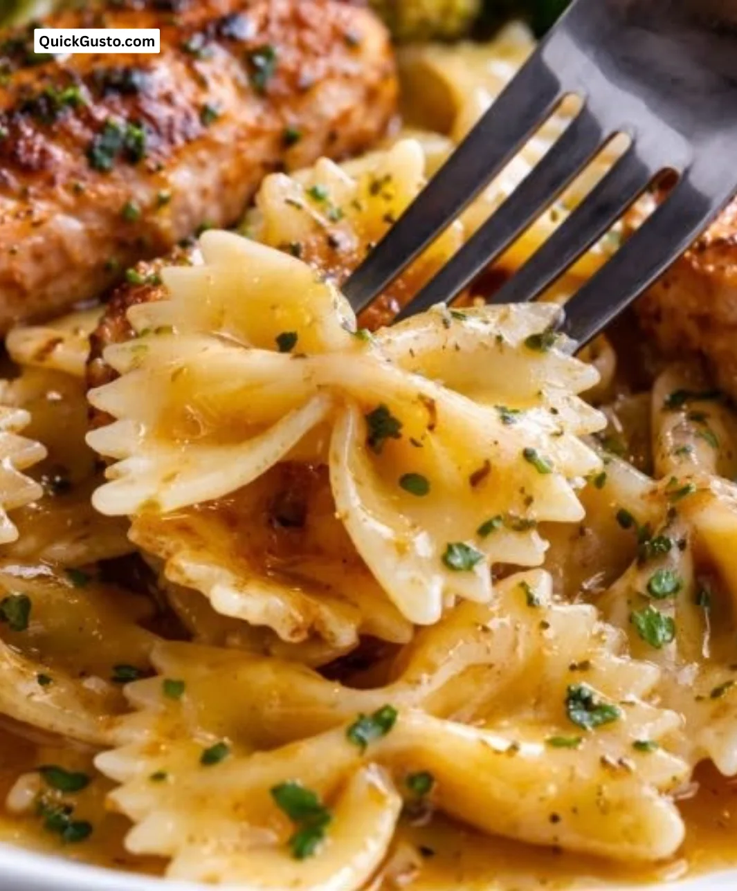 Cowboy Butter Lemon Bowtie Chicken with Broccoli on a plate