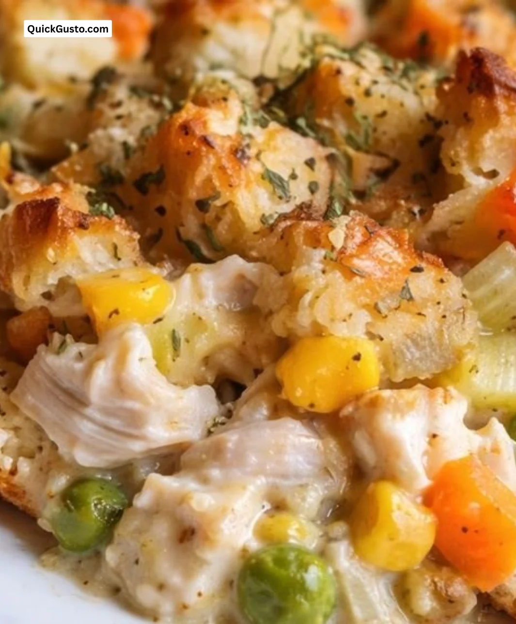 Cozy chicken stuffing casserole served in a baking dish, perfect for weeknight dinners.