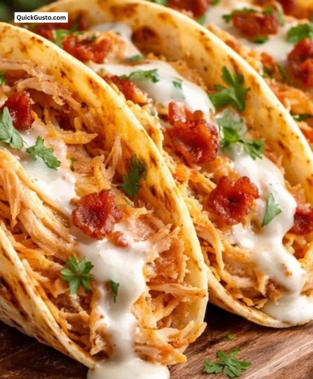 Delicious Crack Chicken Tacos with creamy ranch and crispy bacon