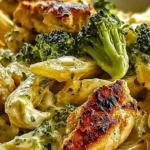 Creamy broccoli and chicken penne pasta dish garnished with fresh herbs