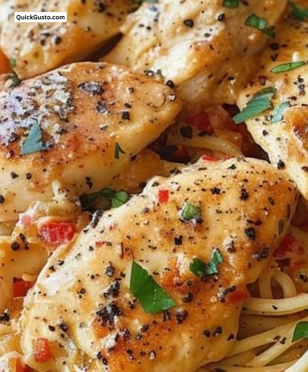 Creamy chicken pasta dish topped with parsley and parmesan cheese