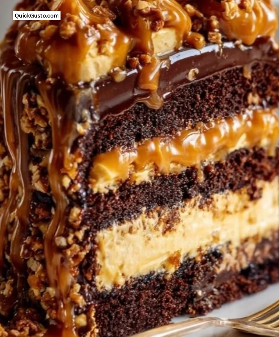 Creamy chocolate caramel toffee crunch cake with rich layers and textures.