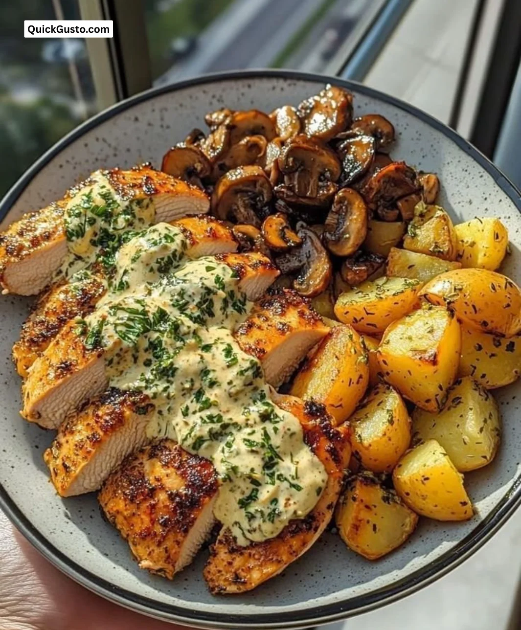 Delicious creamy garlic chicken breast dish garnished with herbs