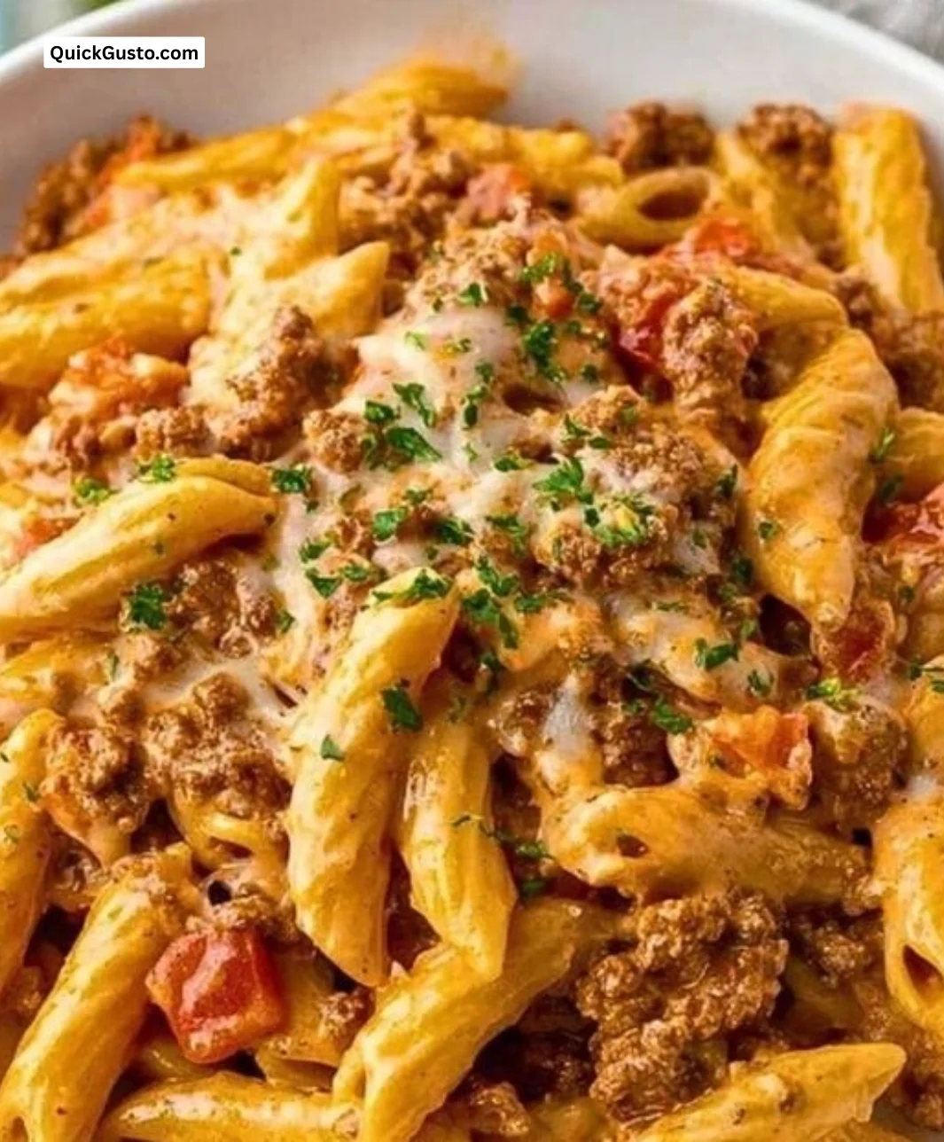 Creamy Rotel Pasta with Ground Beef served in a bowl