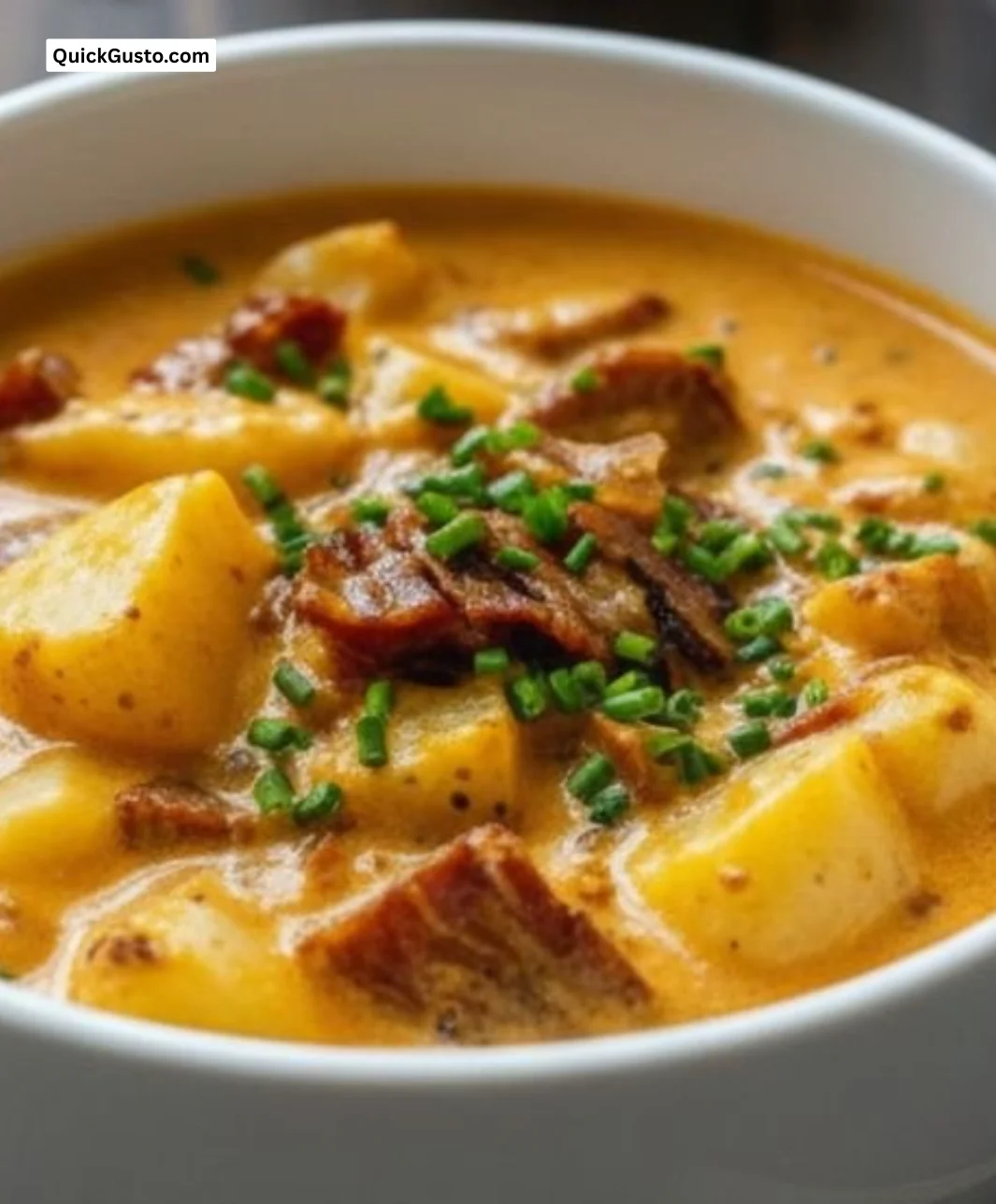 Bowl of creamy steak and potato soup topped with herbs and fresh ingredients
