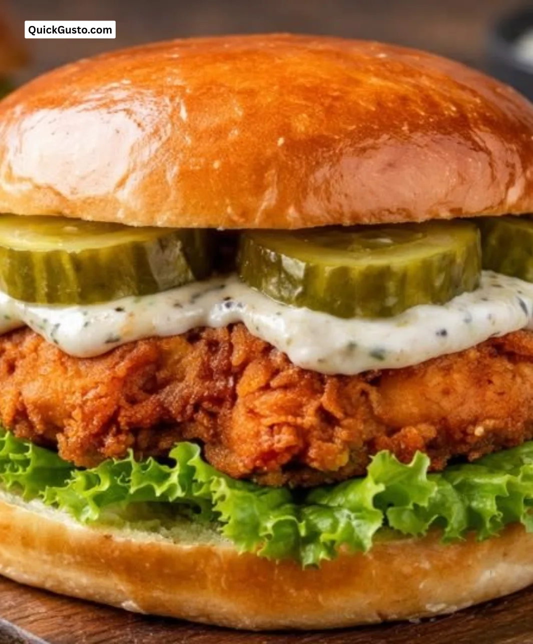 Crispy chicken sandwich with pickled slaw garnished on a plate ready to enjoy