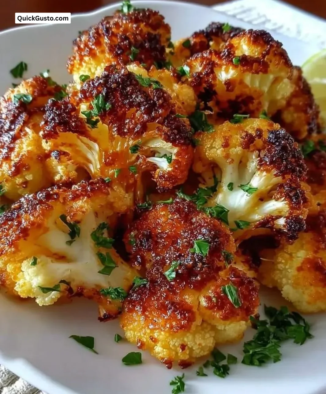Plate of crispy roasted cauliflower garnished with herbs and spices