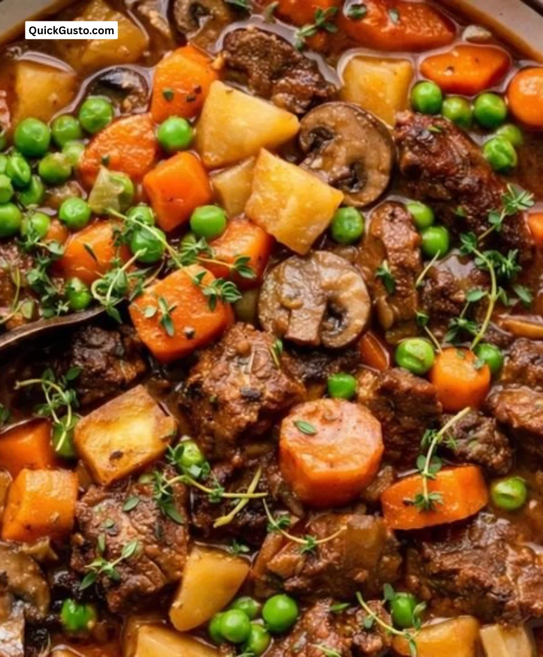 Crockpot beef stew served in a rustic bowl, showcasing tender meat and vegetables.
