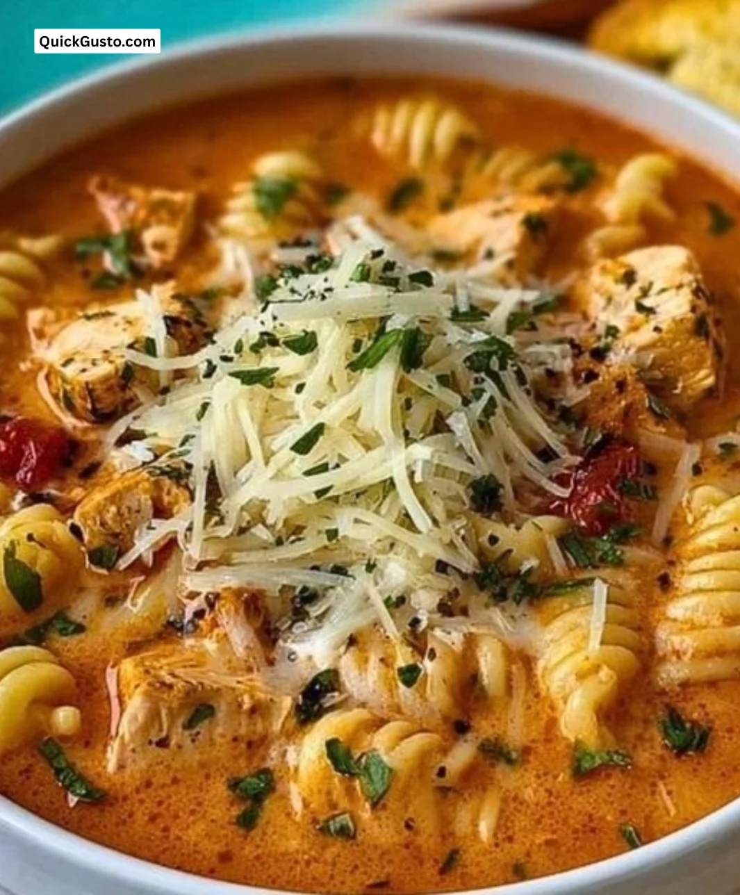 Delicious bowl of Crockpot Chicken Parmesan Soup garnished with herbs and cheese
