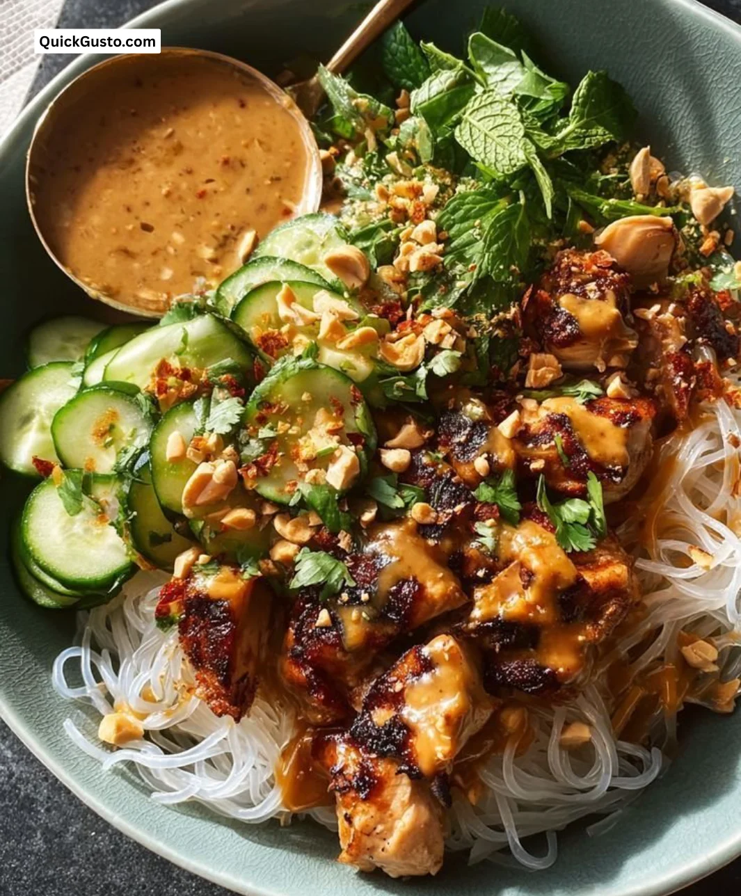 Delicious Thai Peanut Chicken Noodle Bowls topped with fresh vegetables