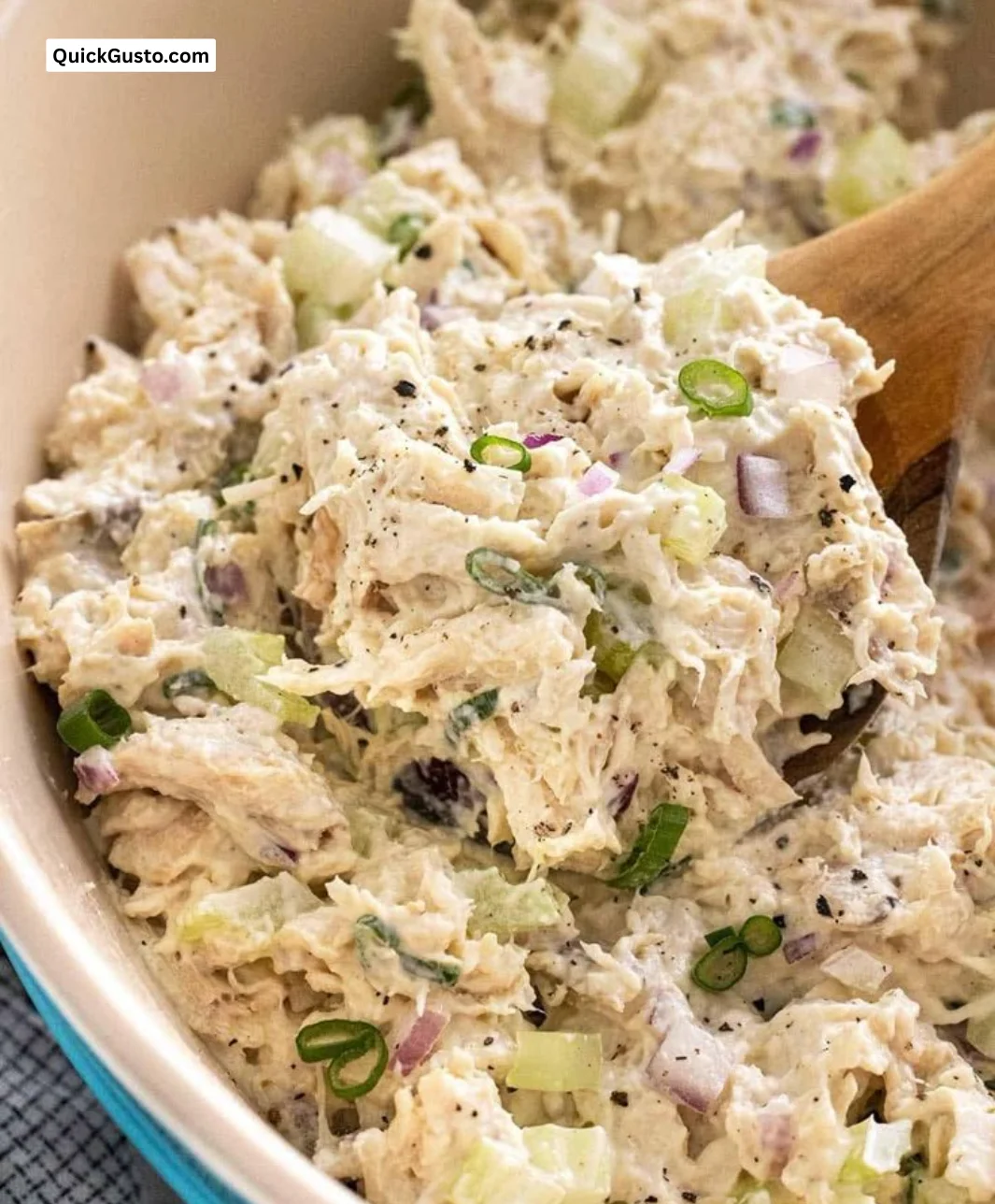 Delicious easy chicken salad served in a bowl with fresh ingredients