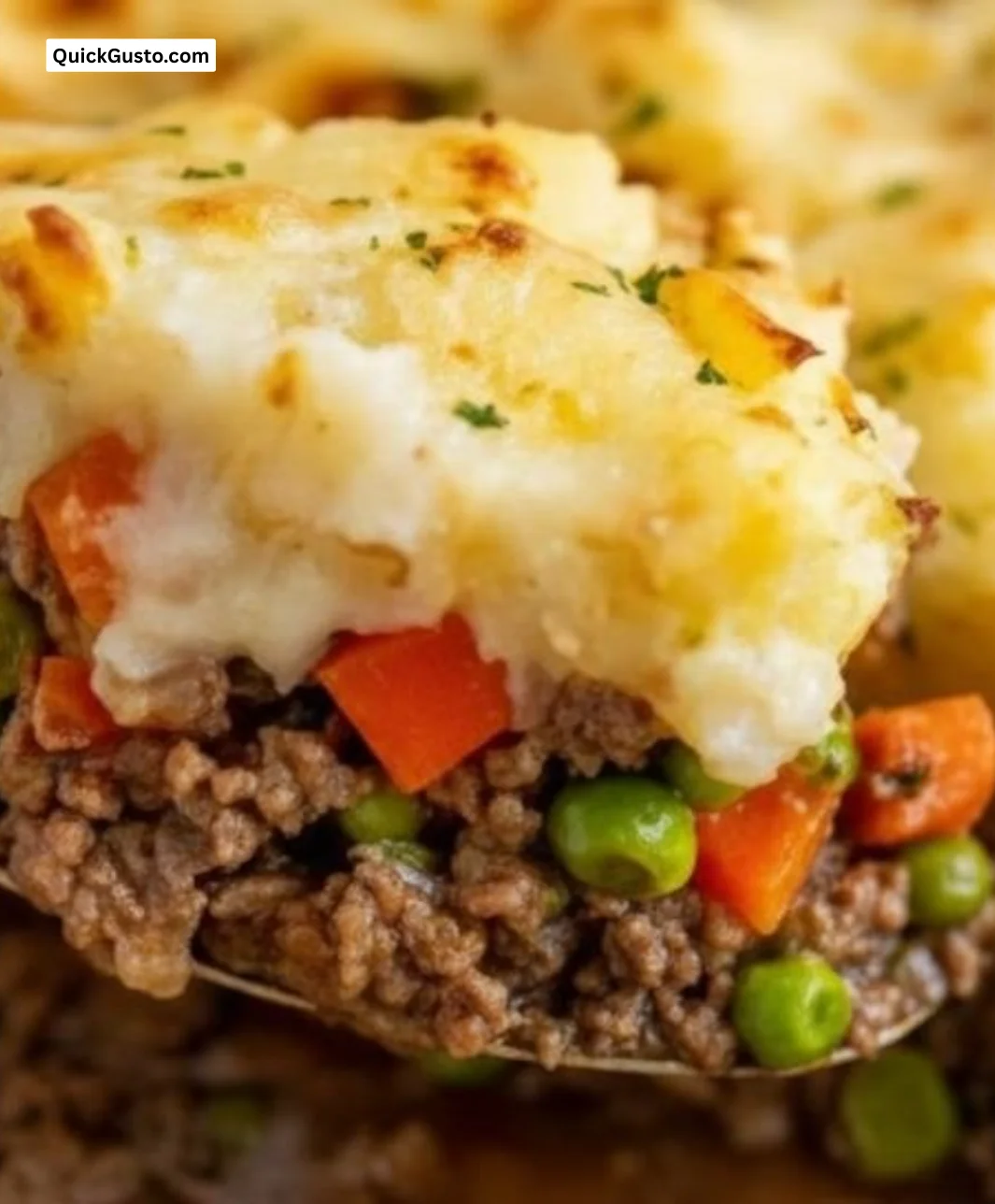 Delicious easy Shepherd's Pie casserole served in a cozy dish.
