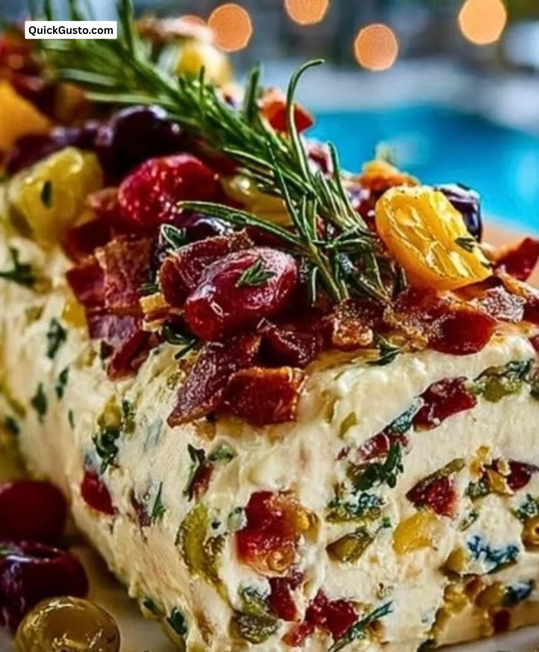 Festive holiday antipasto cream cheese log garnished with herbs and spices.