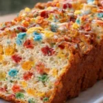 Sliced Fruity Pebbles Bread on a wooden board, showcasing colorful pieces.