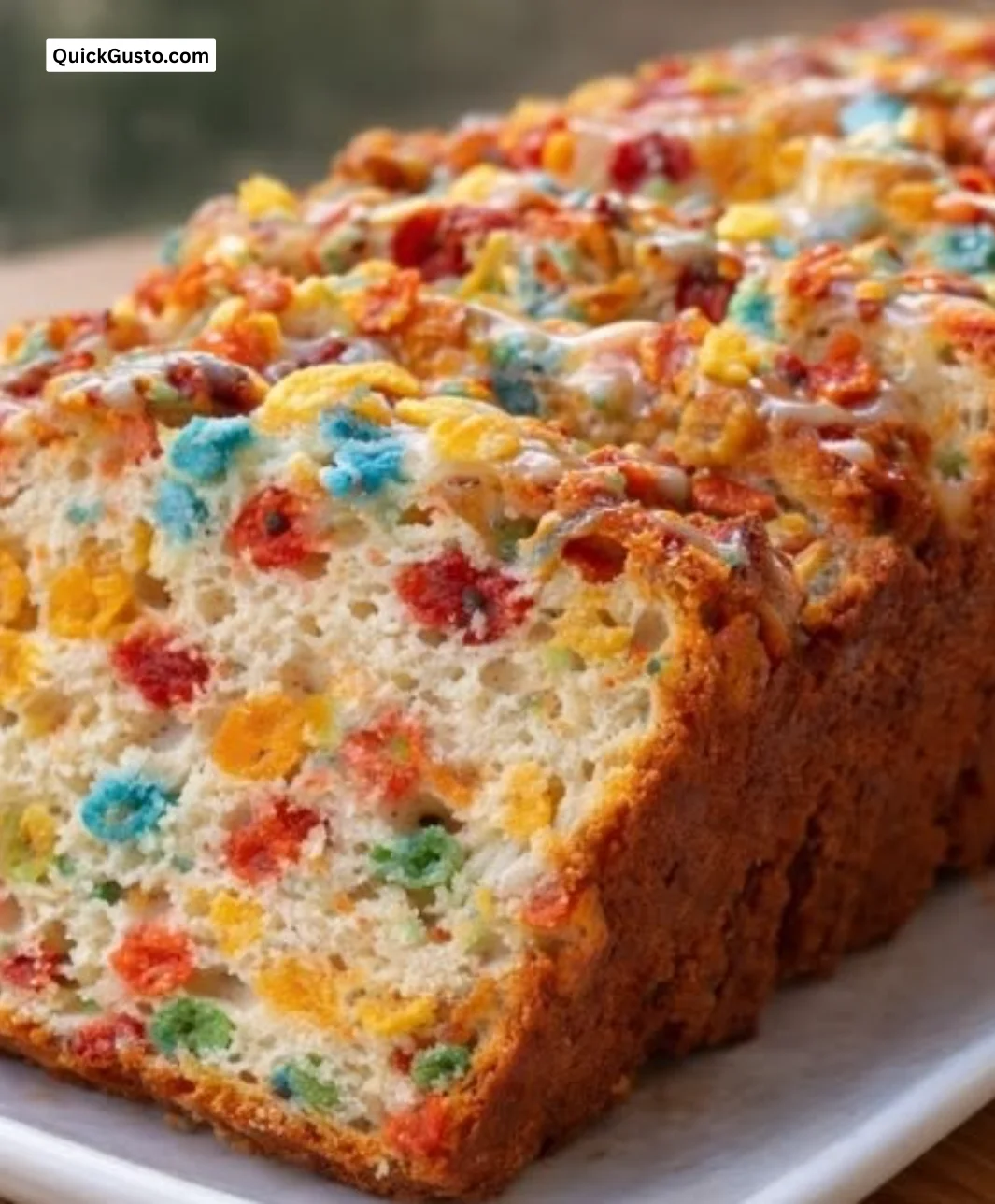 Sliced Fruity Pebbles Bread on a wooden board, showcasing colorful pieces.