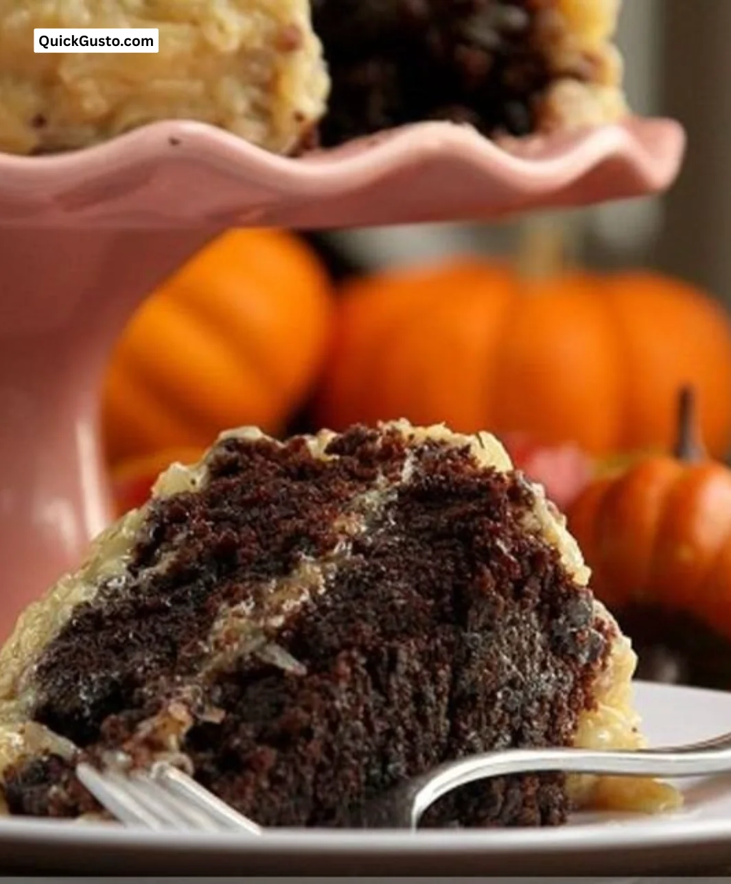 Delicious slice of German Chocolate Cake with chocolate frosting and coconut topping