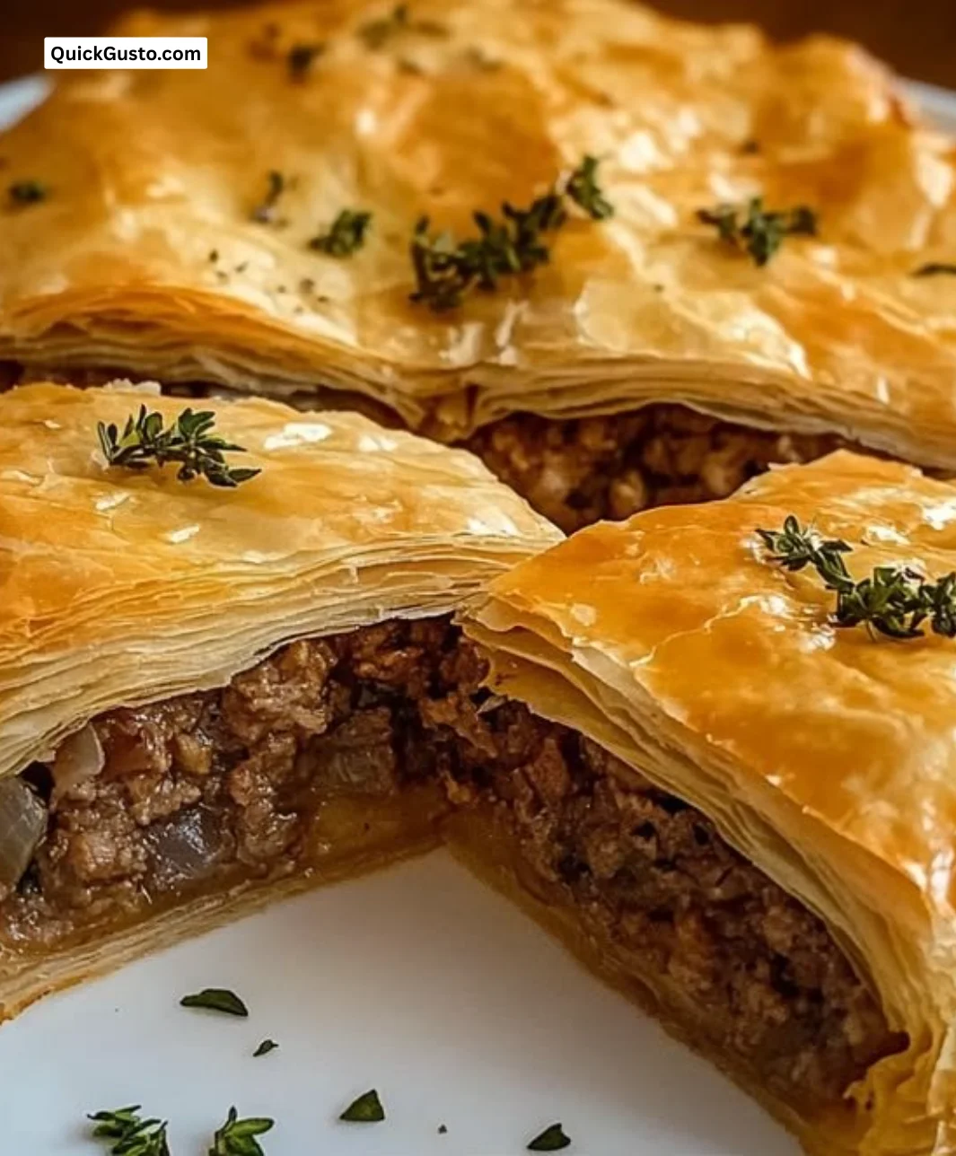 Delicious Greek phyllo meat pie filled with savory meat and wrapped in crispy pastry