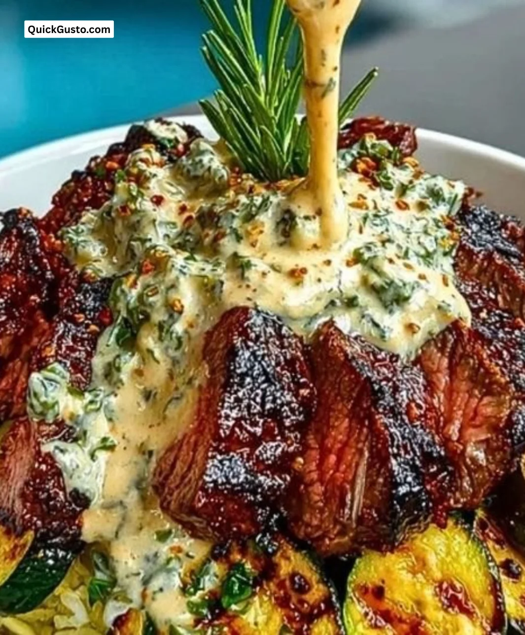 Grilled steak bowl with creamy sauce and fresh grilled zucchini