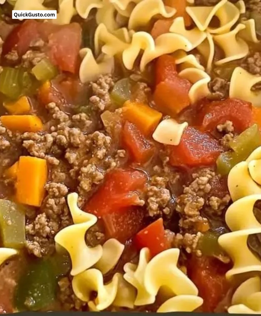 Bowl of hearty hamburger noodle soup with fresh herbs and vegetables