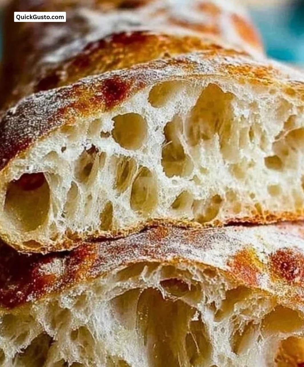 Freshly baked homemade ciabatta bread with a crispy crust and fluffy inside