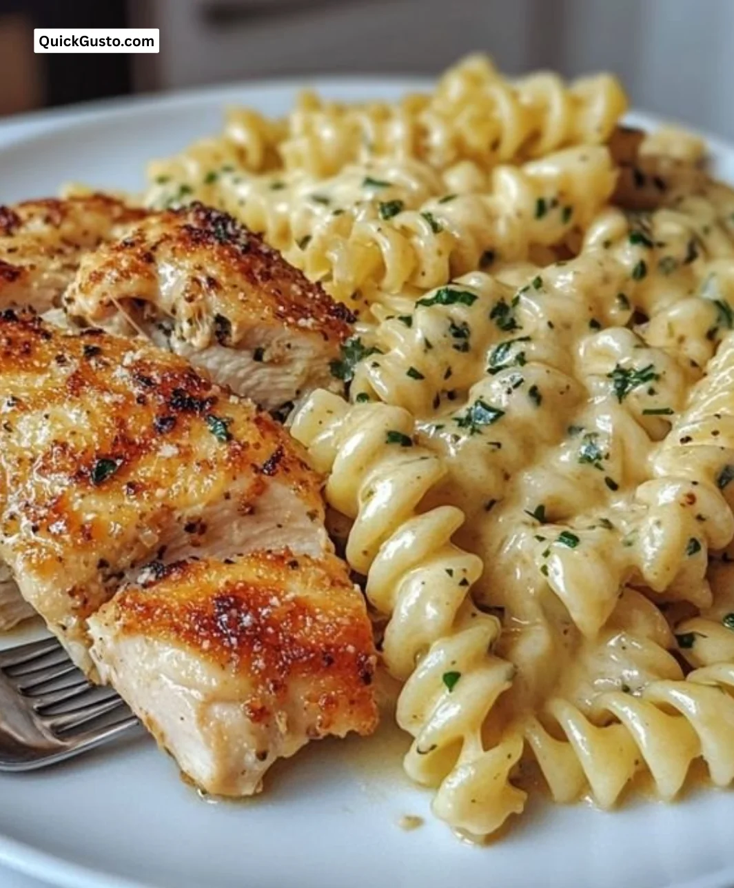 Honey Garlic Chicken with Parmesan Rotini dish served on a plate