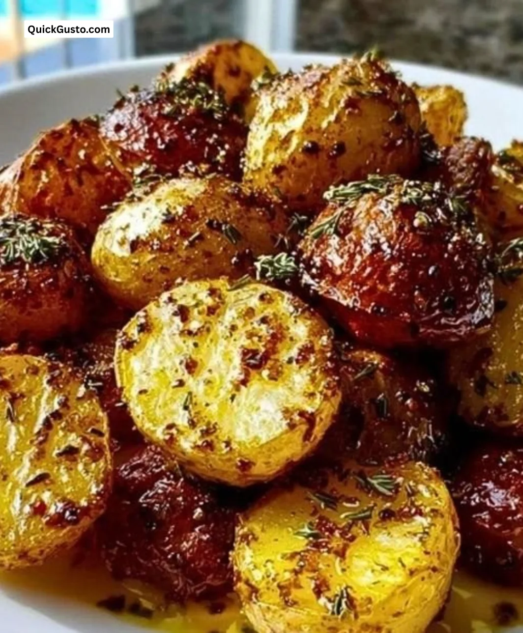 Bowl of honey mustard potatoes garnished with herbs