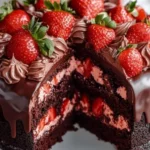 Indulgent strawberry chocolate cake with a glossy chocolate shell and fresh strawberries