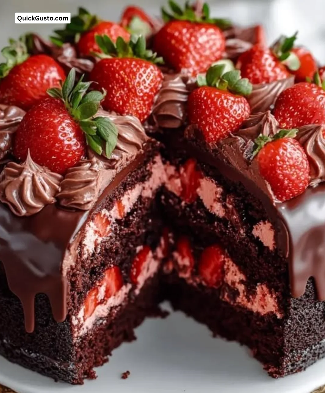 Indulgent strawberry chocolate cake with a glossy chocolate shell and fresh strawberries