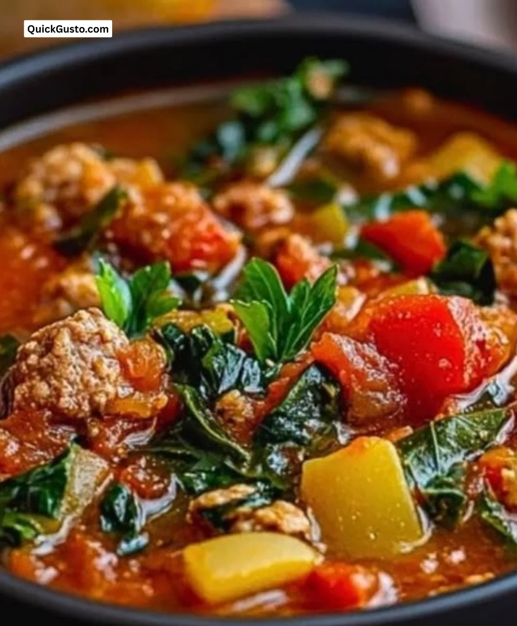 Bowl of delicious Italian Sausage Soup with vegetables and herbs