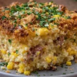 Loaded Cornbread Casserole with cheese and toppings in a baking dish