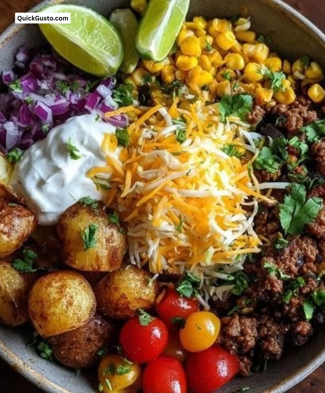 Delicious Loaded Potato Taco Bowl topped with toppings and served in a bowl