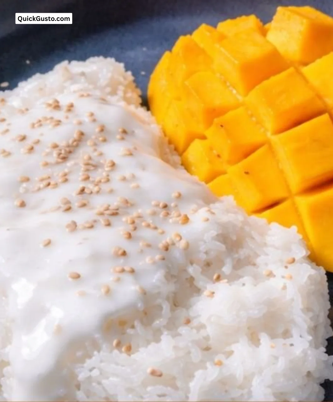 A vibrant plate of Mango Sticky Rice topped with fresh mango slices and coconut sauce.