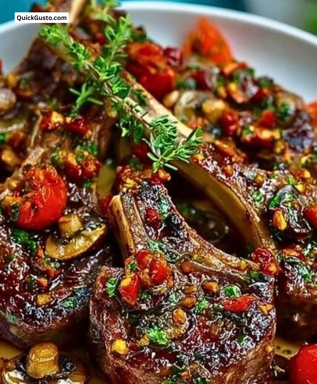 Plate of marinated Greek lamb chops with mushrooms and tomatoes served