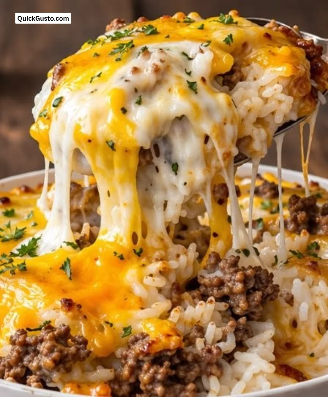 Delicious one-pan beef rice casserole topped with cheese and parsley