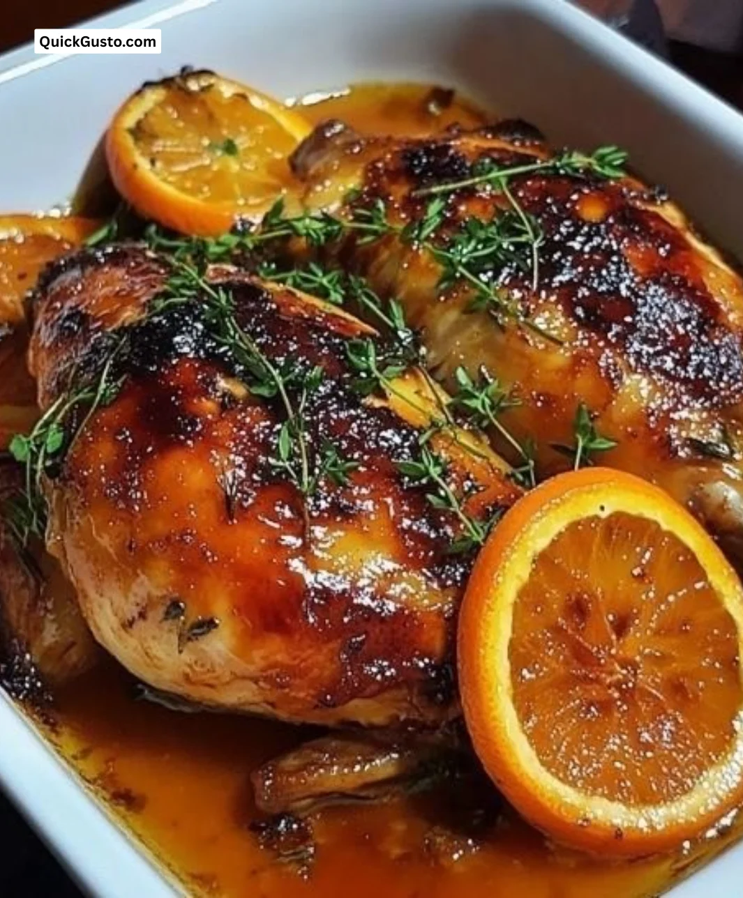 Delicious orange roasted chicken garnished with fresh herbs on a serving plate.