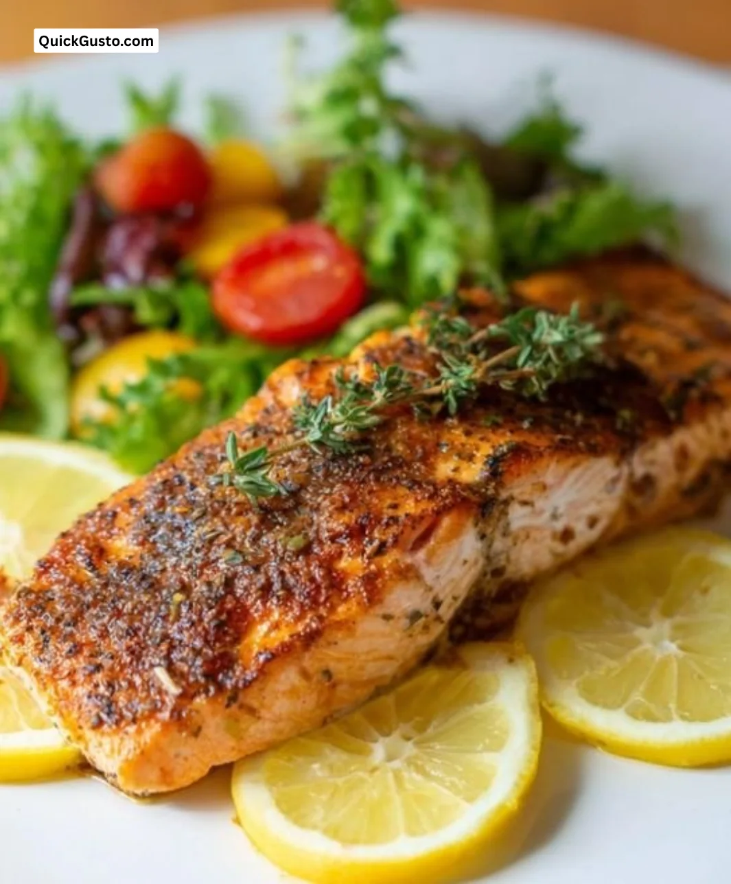 Delicious oven baked salmon garnished with herbs and lemon slices