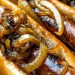 Oven braised beer brats topped with caramelized onions on a plate