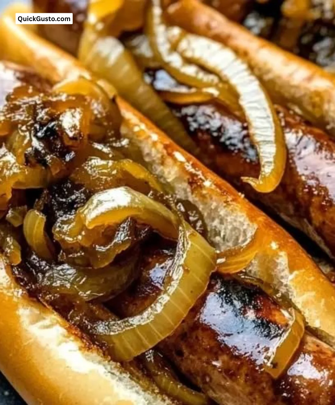 Oven braised beer brats topped with caramelized onions on a plate