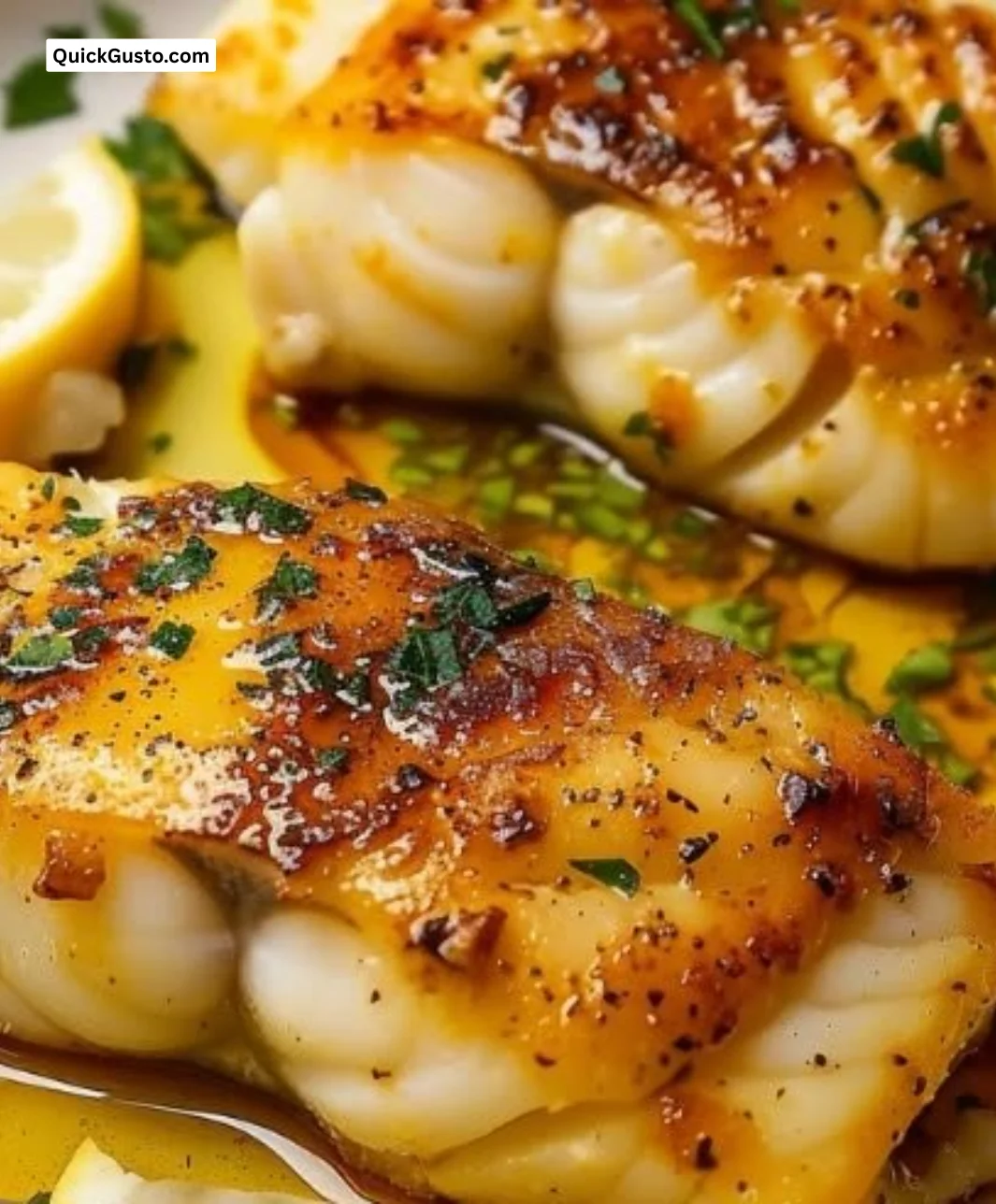 Pan-fried cod fillet served with lemon butter sauce on a plate.