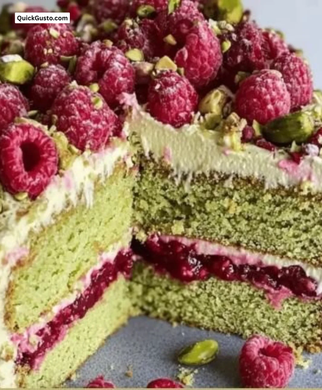 A beautifully decorated Pistachio Raspberry Cake with vibrant colors and textures.