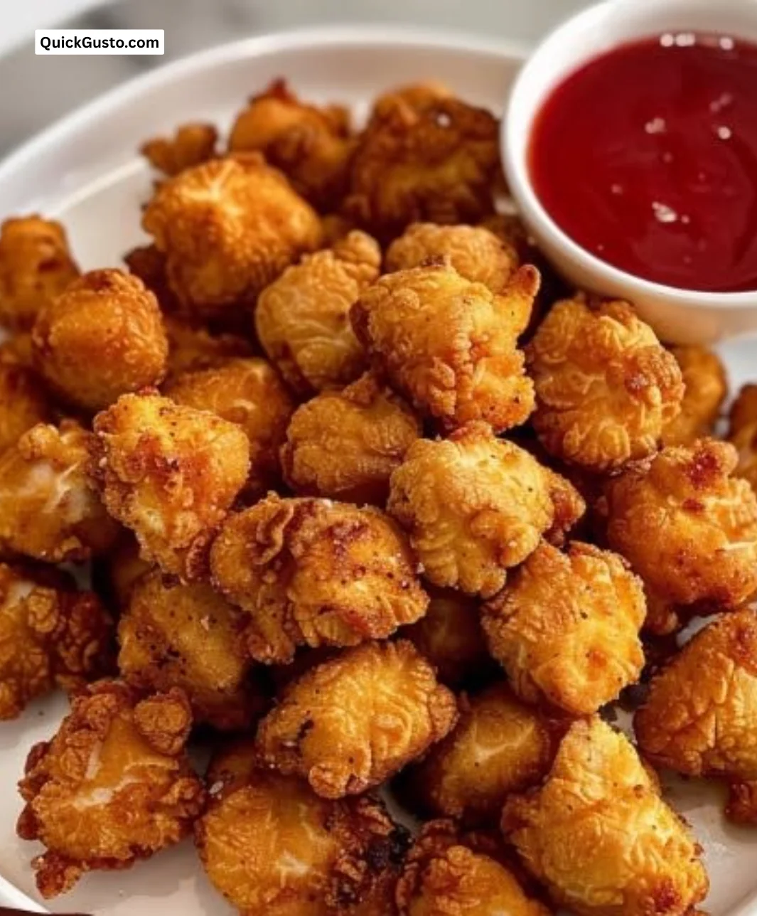 Tasty popcorn chicken bites served with dipping sauce