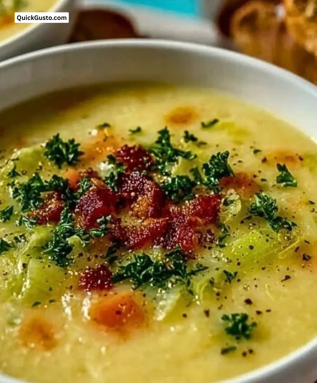 Delicious bowl of creamy potato leek soup garnished with fresh herbs