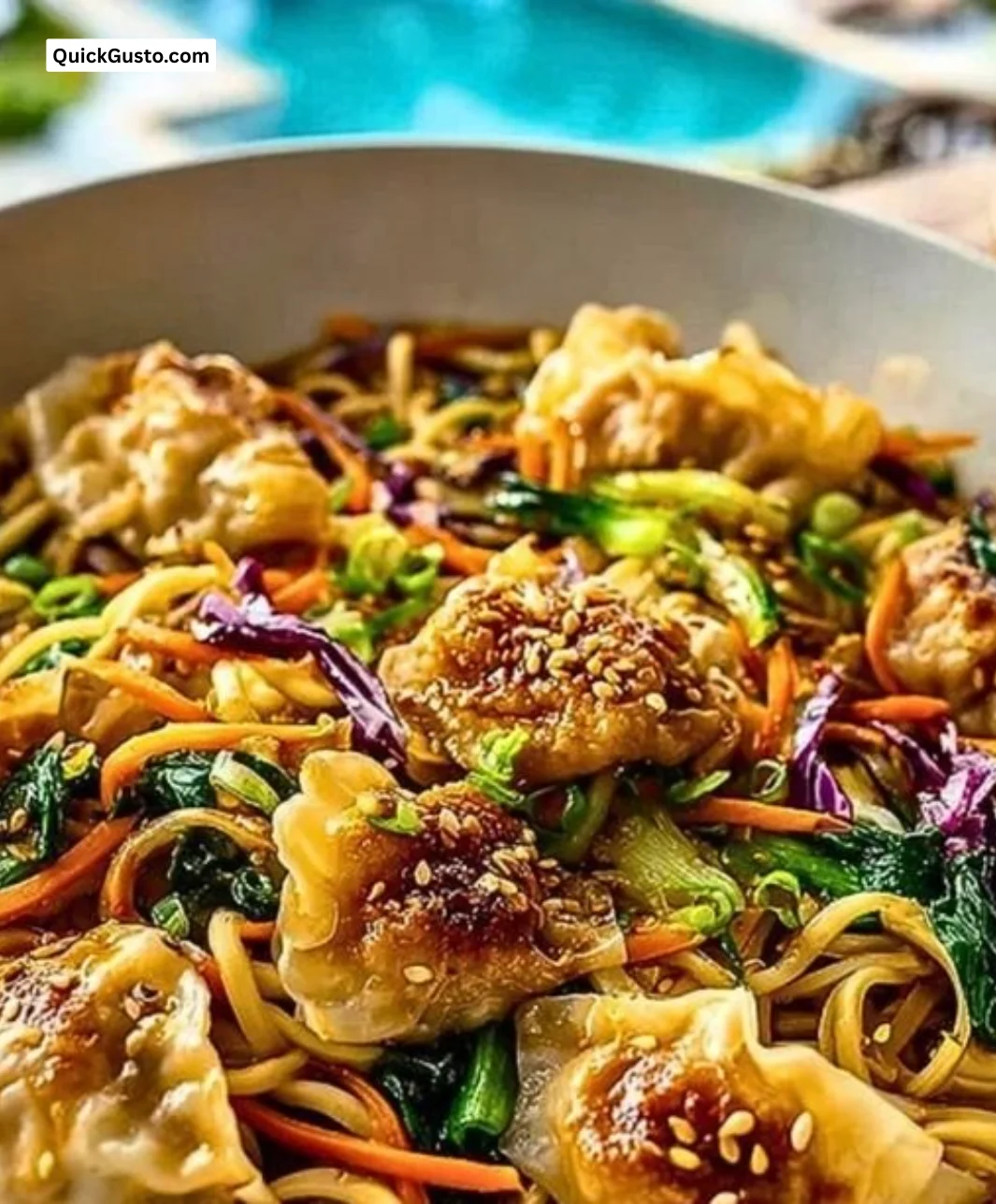 Bowl of mouth-watering Potsticker Noodle Bowls with fresh ingredients